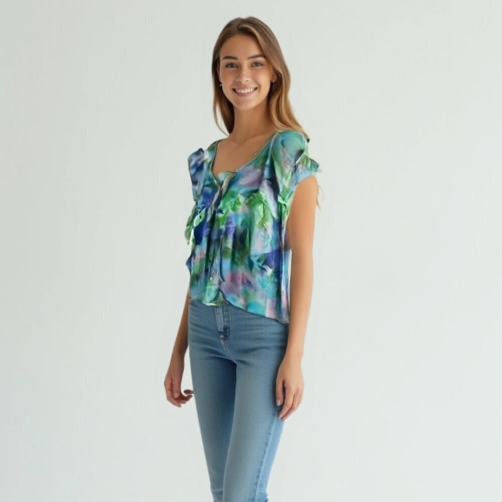 Sunny Leigh 1X Floral Ruffle Sleeve Top Blue Green Boho Romantic Blouse